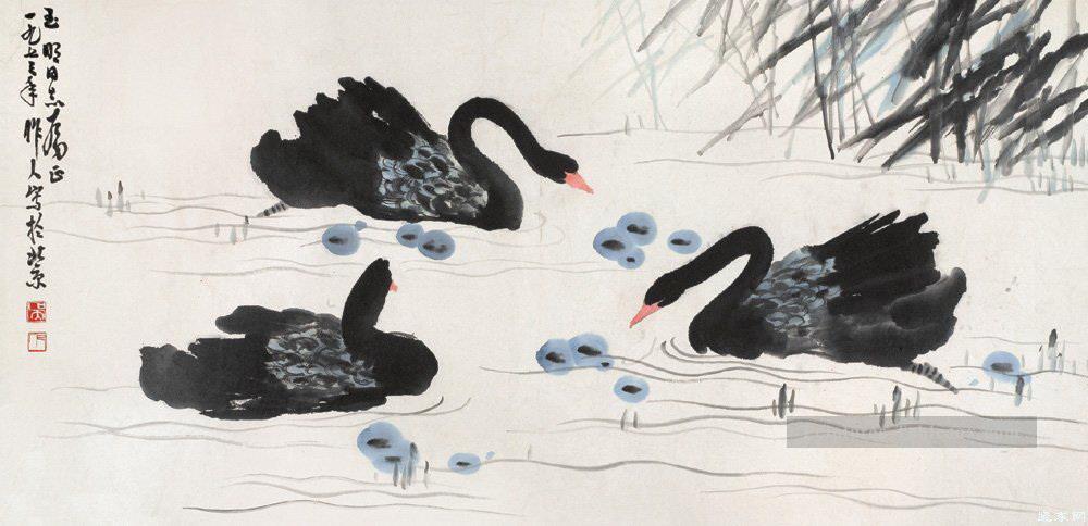Wu Zuoren noir cygnes vieux Chine encre Peintures à l'huile